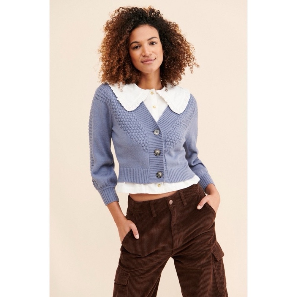 Anthropologie Callahan Eloise Knit Cropped Cardigan Sweater in Grey Blue